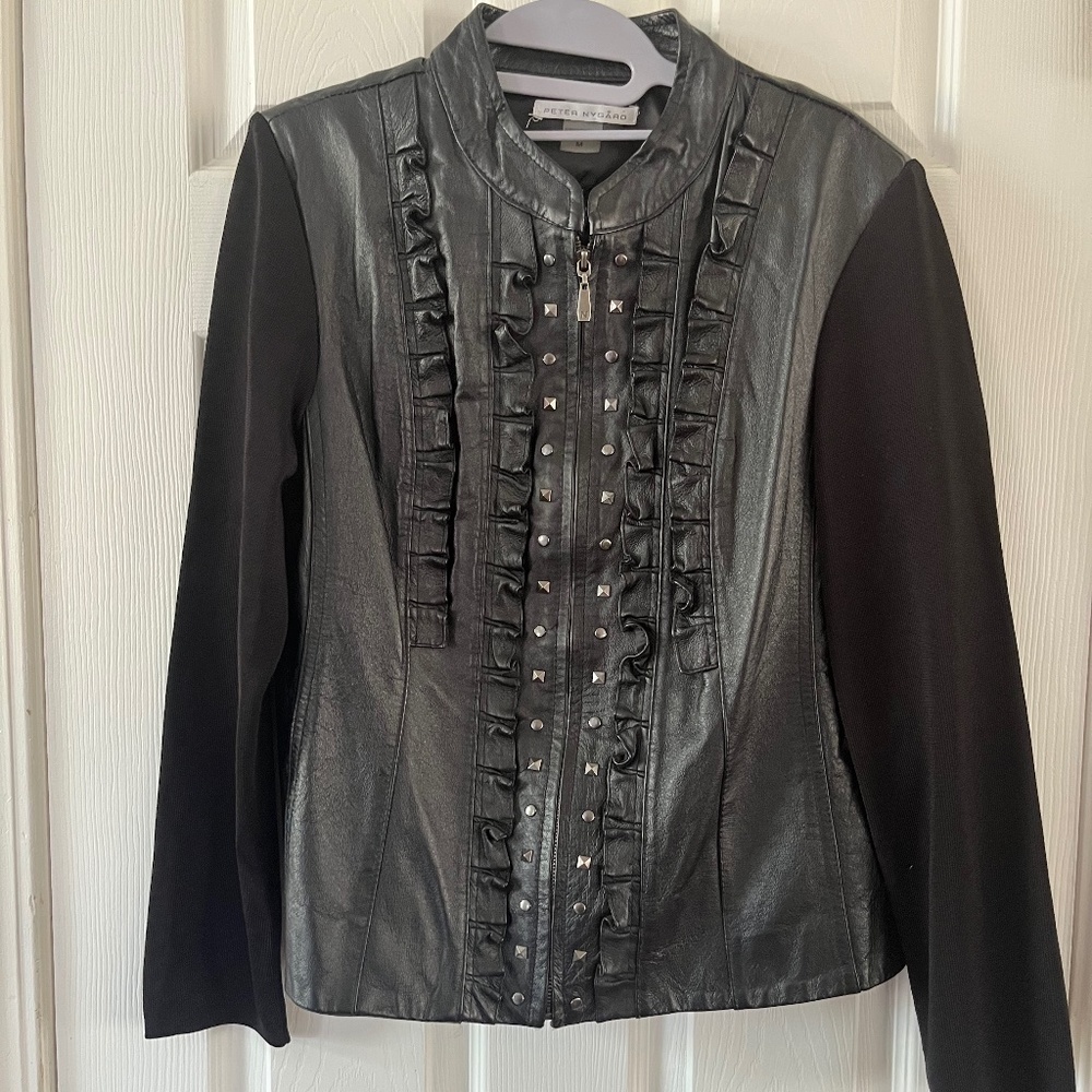 Peter Nygard Black Leather and Knit Jacket with Stud and Ruffle Trim Size M
